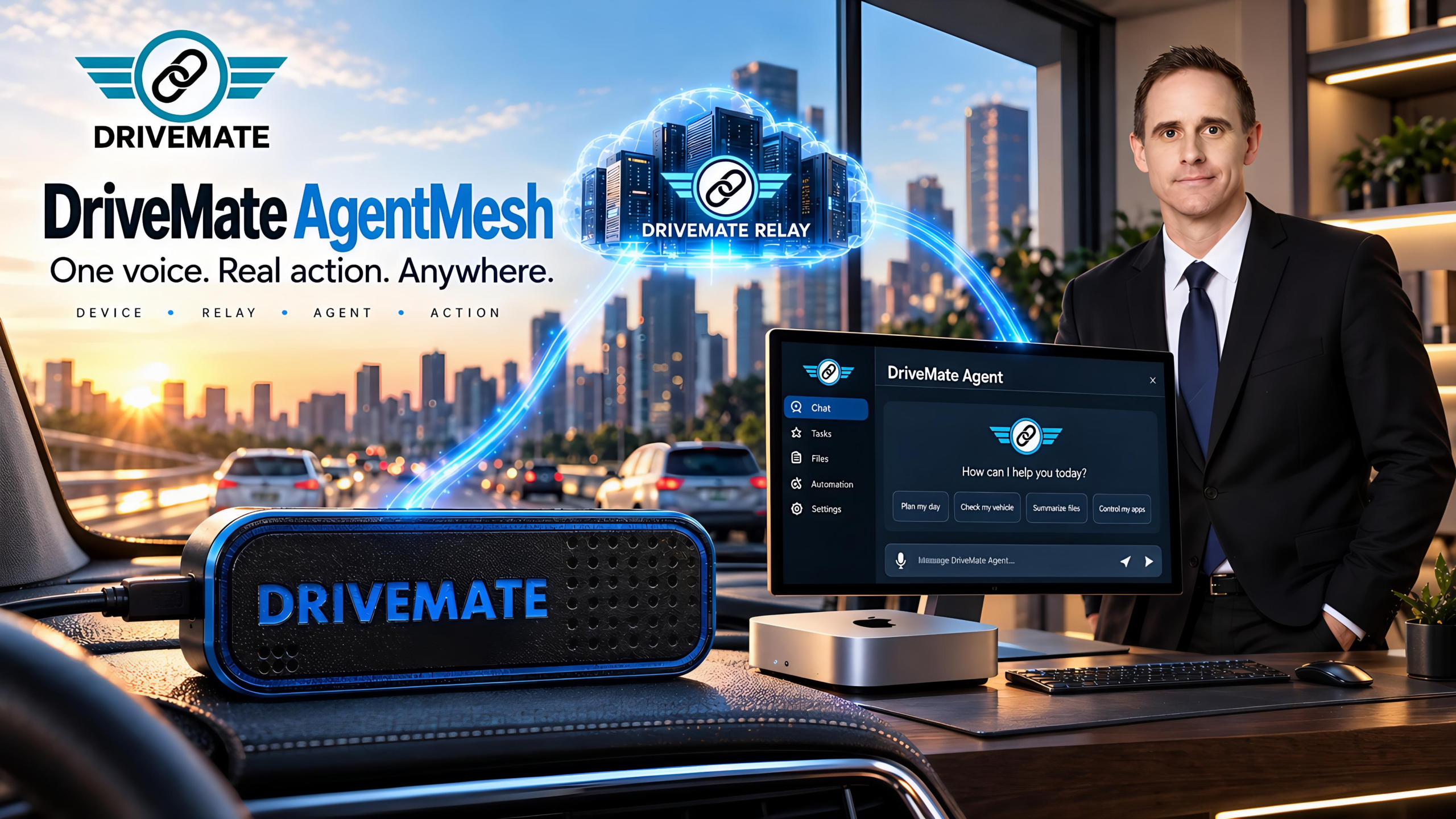 DriveMate AgentMesh connecting the DriveMate voice device, secure relay and personal Mac AI agent