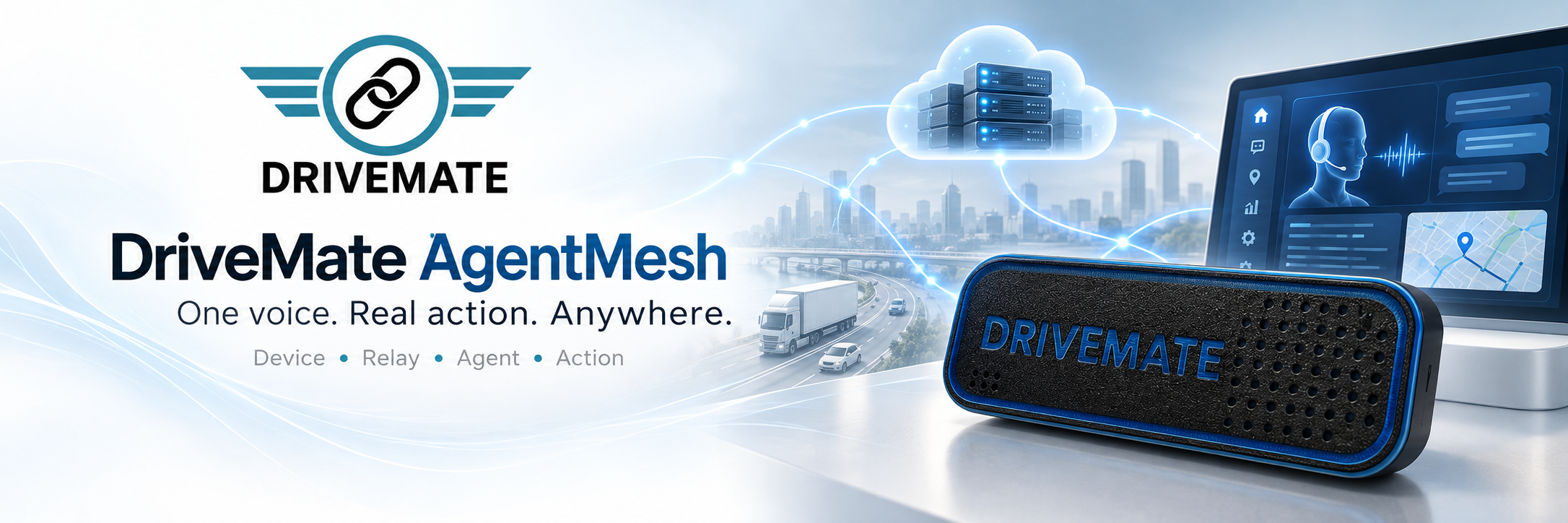 DriveMate AgentMesh architecture showing the DriveMate device, relay, AI agent and real action workflow